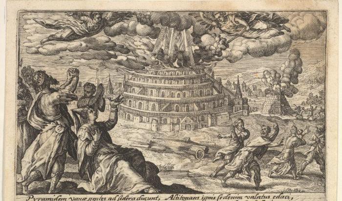 Babels torn förstörs, 1612, gravyr av Crispijn de Passe den äldre. Ingår i en bildserie till “Liber Genesis”. The Metropolitan Museum of Art.