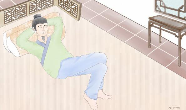 Det kinesiska idiomet “puffa till kuddarna och sov gott” kommer ursprungligen från en historia under De stridande staternas period. Den används för att beskriva att man lever ett fridfullt och bekymmersfritt liv. Illustratör: Mei Hsu, The Epoch Times