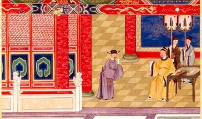 När landet drabbades av en katastrof undersökte alltid kejsare Renzong från Song-dynastin sina egna tankar och beteenden för att hitta orsaken. Målning av Chen Shiguan, Qing-dynastin, från volymen "Song Renzong 2" i publikationen "Benevolent Records of Holy Emperors and Wise Kings (Covering the Song, Yuan, and Ming Dynasties).