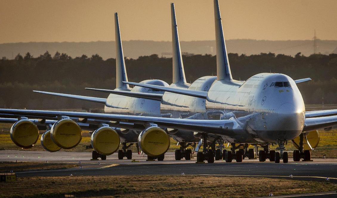 Lufthansa-plan av modellen 747 vid flygplatsen i Frankfurt i slutet av april. Foto: Michael Probst/AP/TT