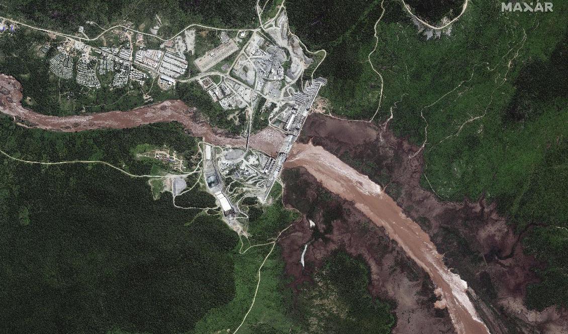 Stora etiopiska renässansdammen fotograferad från ovan den 26 juni. Foto: Maxar Technologies/handout/AP/TT