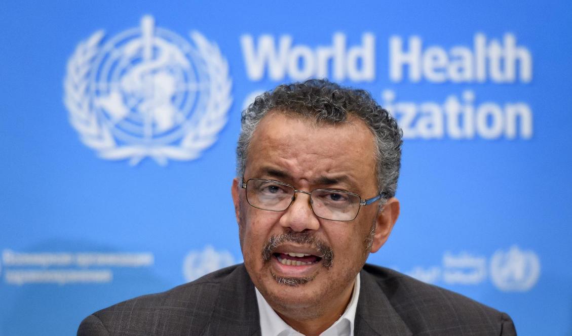 Världshälsoorganisationens, WHO:s, generaldirektör Tedros Ashanom Ghebreyesus vid en presskonferens i Genève den 30 januari 2020. Foto: Fabrice Coffrini/AFP via Getty Images