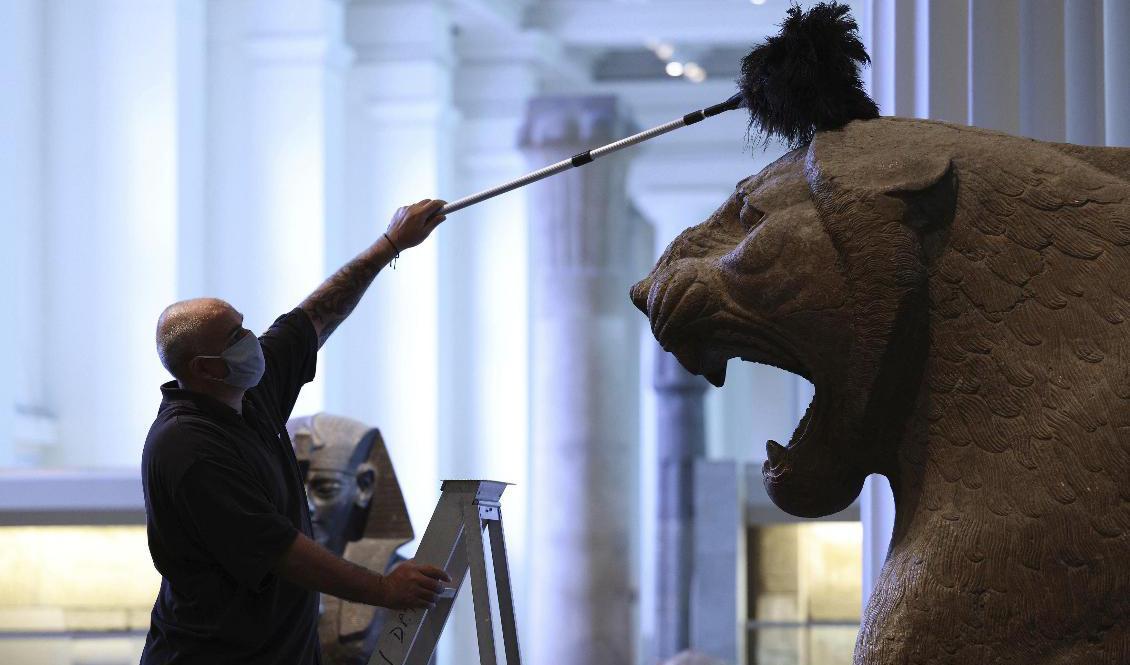 En medarbetare på British Museum dammar av en staty i den egyptiska sektionen av museet. Bilden har ingen koppling till skulturen i artikeln. Foto: Yui Mok/AP/TT