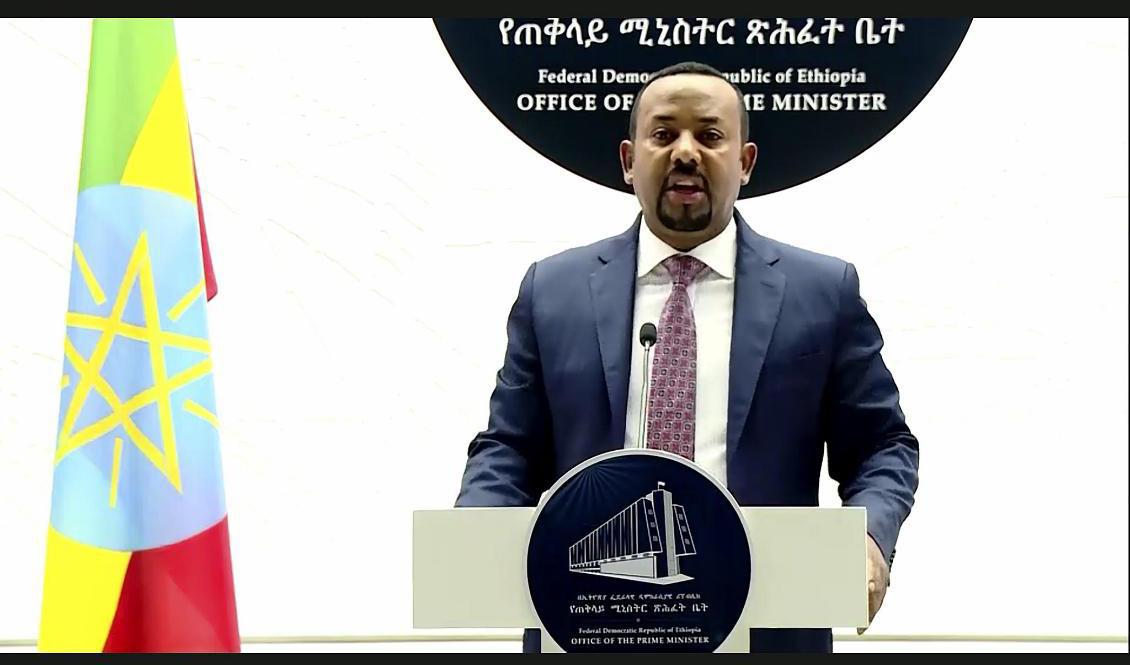 Premiärminister Abiy Ahmed, tidigare mottagare av Nobels fredspris, under ett videotal i FN i september. Foto: AP/TT