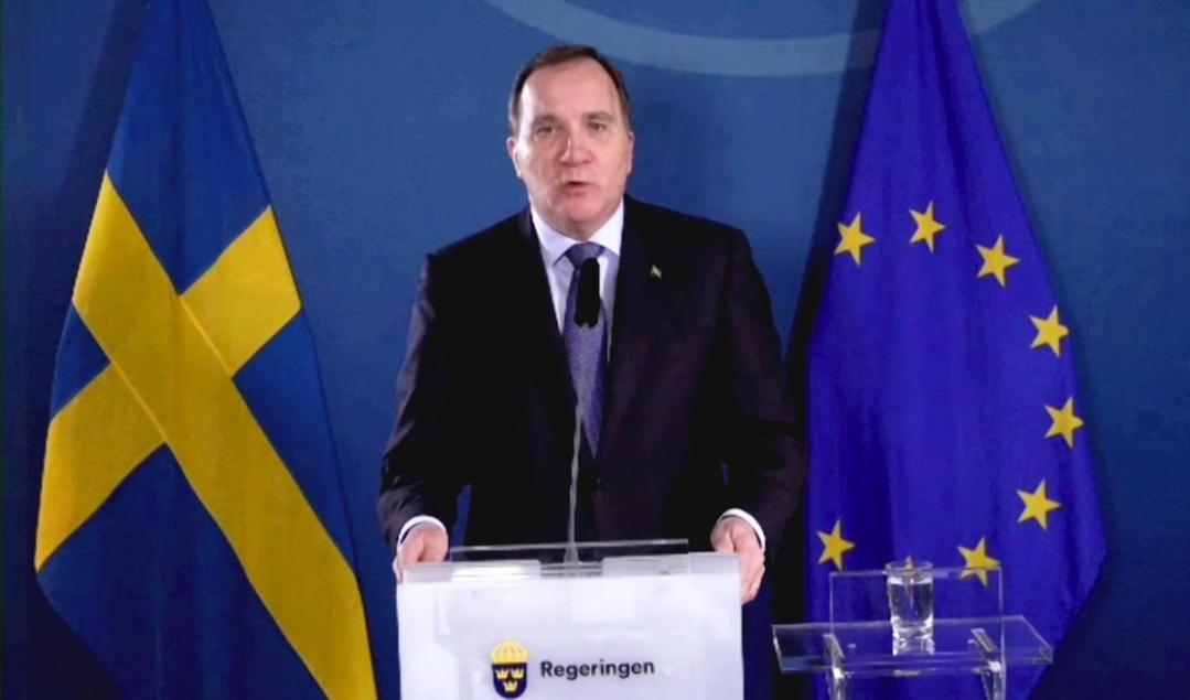 Statsminister Stefan Löfven (S) håller en digital pressträff i Rosenbad. Foto: Regeringen