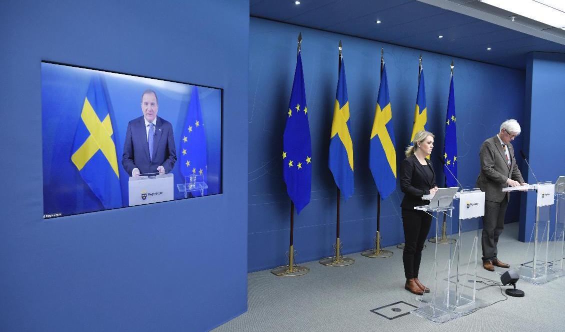 Statsminister Stefan Löfven (S), socialminister Lena Hallengren och Folkhälsomyndighetens generaldirektör Johan Carlson håller en digital pressträff i Rosenbad. Foto: Jessica Gow/TT