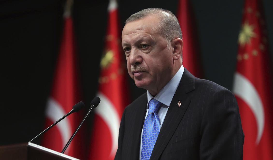 Turkiets president Recep Tayyip Erdogan under en presskonferens i Ankara i måndags. Foto: Turkiets presidentkansli/AP/TT