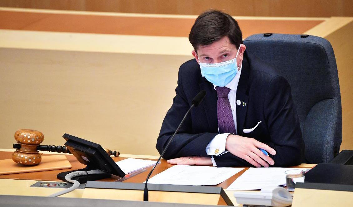 Riksdagens talman Andreas Norlén, pandemiutrustad. Arkivbild. Foto: Henrik Montgomery/TT