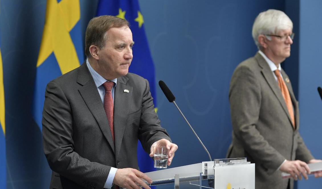 Statsminister Stefan Löfven (S) och Folkhälsomyndighetens generaldirektör Johan Carlson under en digital pressträff om coronarestriktioner på onsdagen. Foto: Anders Wiklund/TT