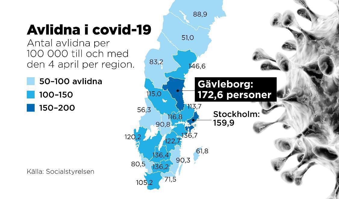 Antal avlidna per 100 000 till och med den 4 april per region, enligt Socialstyrelsens dödsorsaksintyg. Foto: Johan Hallnäs/TT