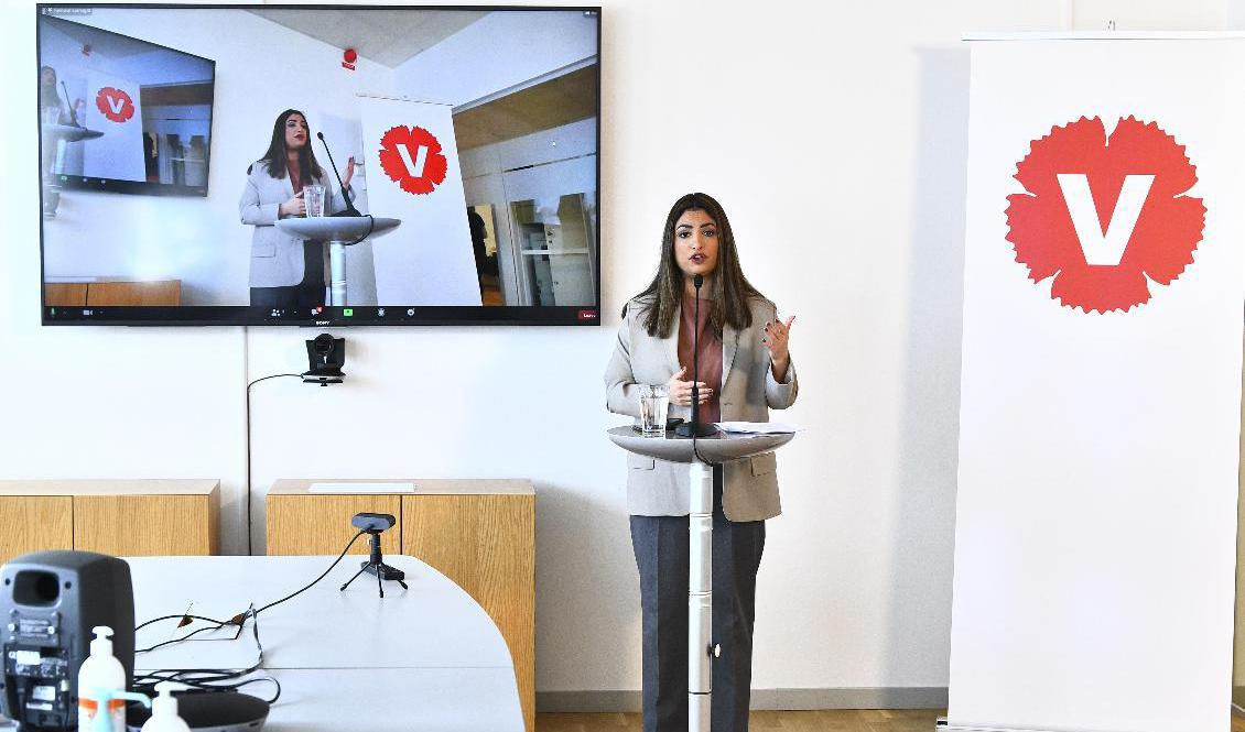 "Vi kommer se en ny storhetstid för svensk industri", sa Vänsterpartiets partiledare Nooshi Dadgostar under en digital pressträff där företagen fick ta plats. Foto: Claudio Bresciani/TT