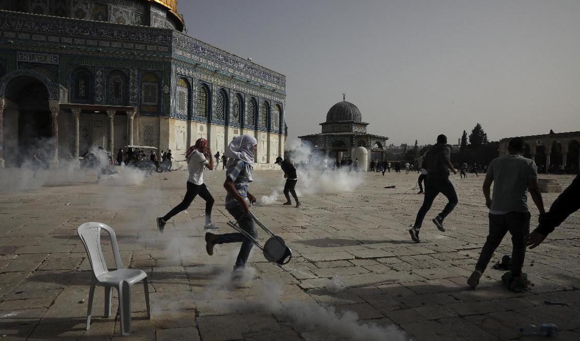 Tårgas vid sammanstötningar framför al-Aqsa-moskén i Jerusalems gamla stad på måndagen. Foto: Mahmud Illian/AP/TT
