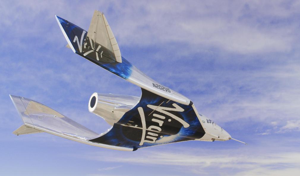 Virgin Galactics rymdfarkost under en testflygning i New Mexicos luftrum. Foto: Virgin Galactic/AP/TT