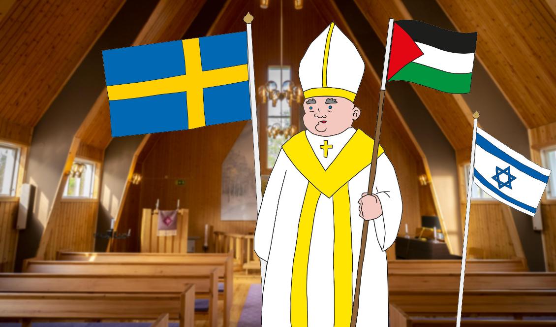 Svenska kyrkan får i en färsk rapport kritik för att ha antagit ideologiska ståndpunkter framför teologiska i synen på staten Israel. 
Illustration. Emmy Lundberg och Daniel Knabäck. Montage Bilbo Lantto