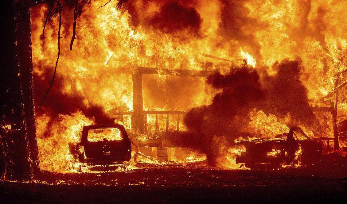 Stora delar av samhället Greenville i Plumas County förstördes av Dixiebranden tidigare i veckan. Foto: Noah Berger/AP/TT