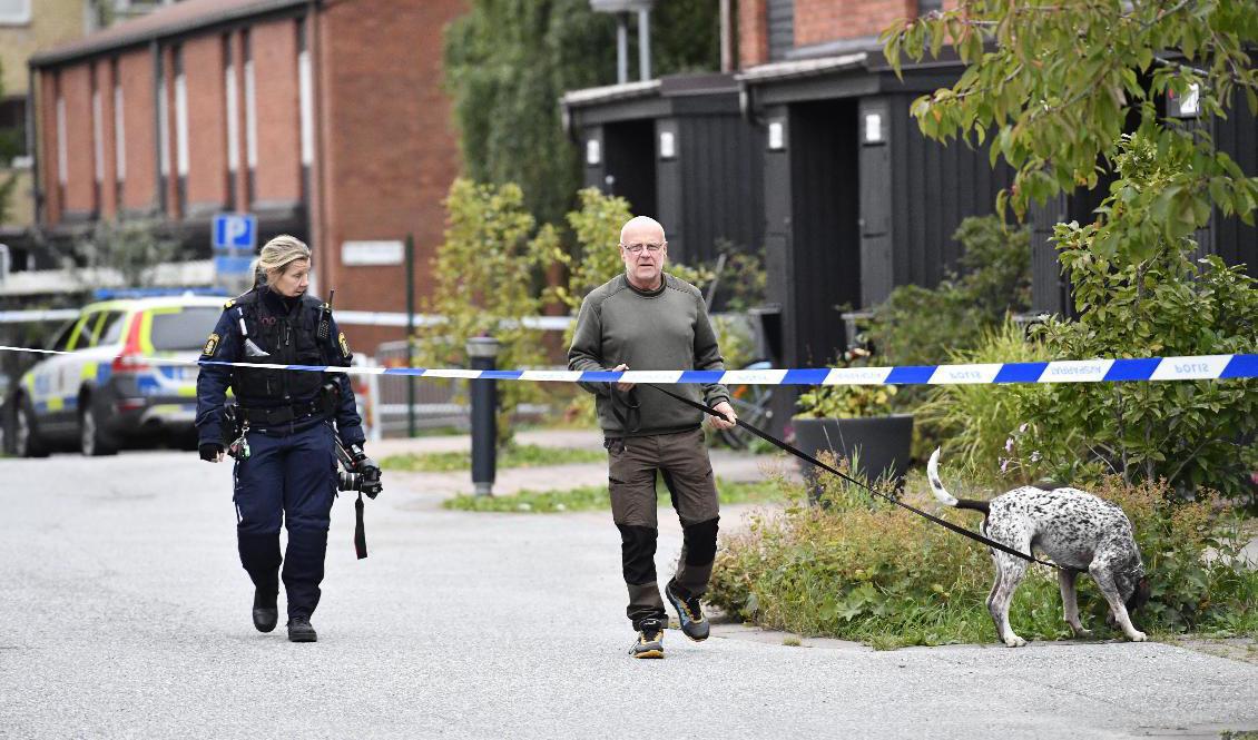 Polisen undersöker bostaden i Rotebro. Foto: Erik Simander/TT