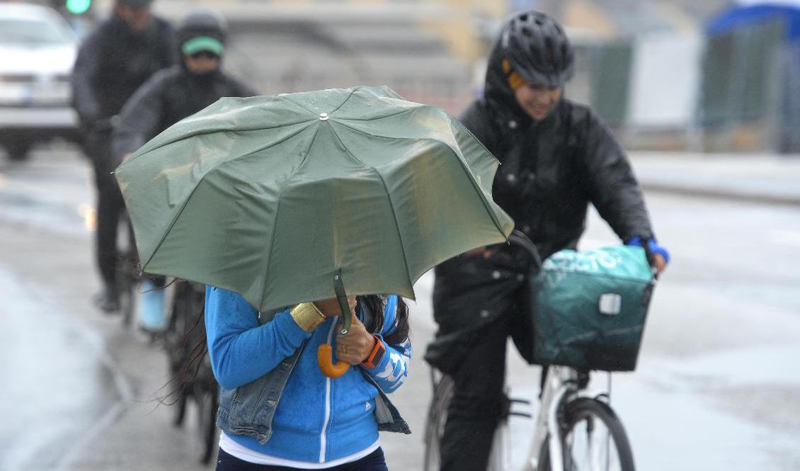 SMHI klass 1-varnar för stora regnmängder längs delar av Norrlandskusten och mycket hårda vindbyar i Halland och Skåne. Arkivbild. Foto: Anders Wiklund/TT