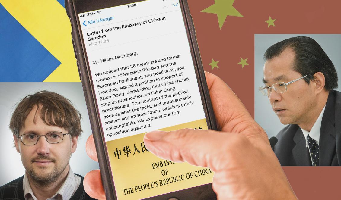 26 svenska politiker fick samma mejl från ambassaden. Niclas Malmberg (MP), tidigare riksdagsledamot (vä) och Gui Congyou, Kinas ambassadör (hö). Fotomontage: Bilbo Lantto