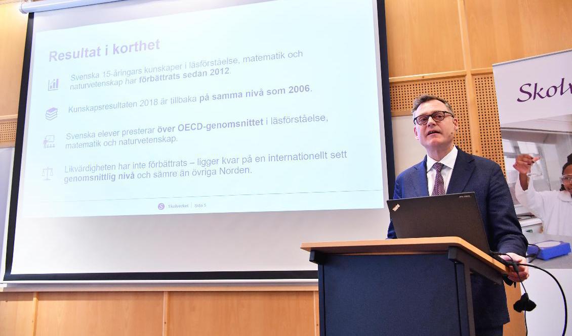 Den senaste Pisamätningen redovisades i december 2019 av bland andra Skolverkets generaldirektör Peter Fredriksson (bilden). Foto: Jonas Ekströmer/TT