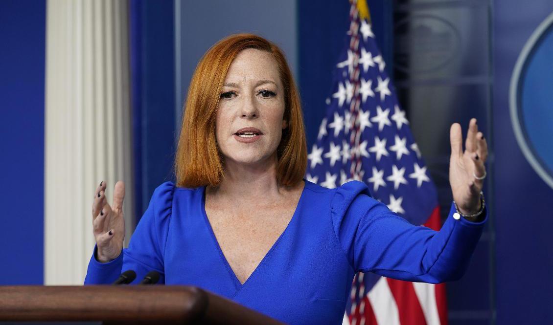 Vita husets pressekreterare i Jen Psaki vid en pressträff i onsdags. Foto: Susan Walsh/AP/TT