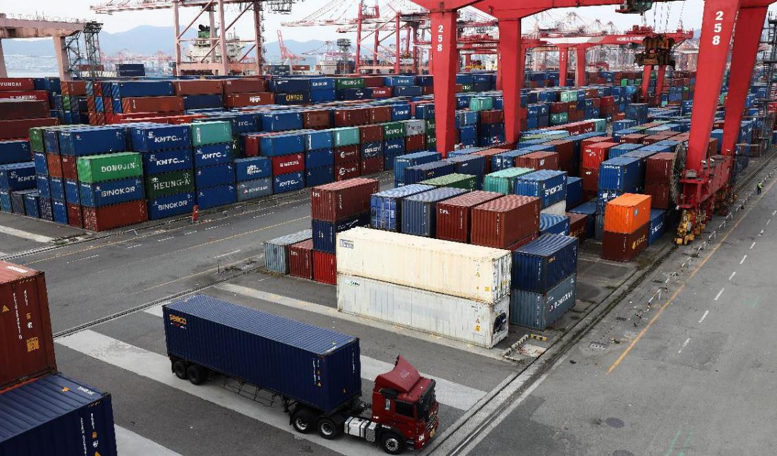 

En lastbil med en container vid containerterminalen i hamnen i Busan den 5 november 2021. Bristen på urea i Sydkorea gör att många av landets lastbilar och tunga maskiner står stilla, med omfattande konsekvenser för ekonomin. Foto: Chung Sung-jun/Getty Images                                                                                        