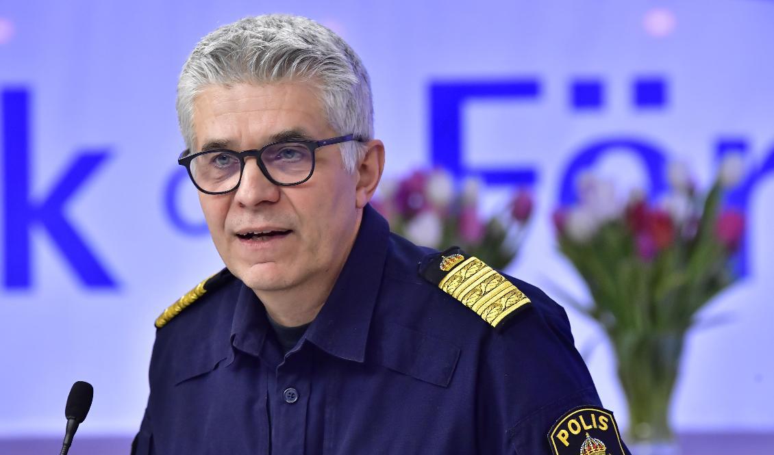 Rikspolischef Anders Thornberg talar vid Folk och försvars rikskonferens i Stockholm. Foto: Jonas Ekströmer/TT