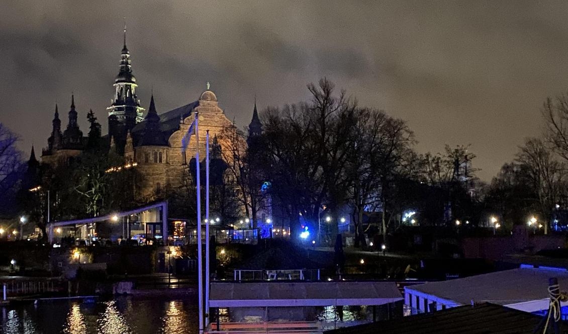 Det brinner på Djurgården i Stockholm, i närheten av Nordiska museet. Foto: Lars Schröder/TT