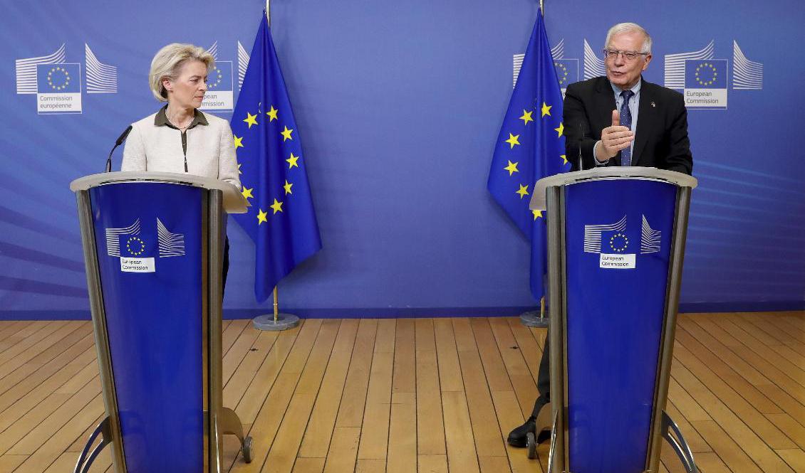 EU-kommissionens ordförande Ursula von der Leyen och EU:s utrikeschef Josep Borrell på söndagen. Foto: Stephanie Lecocq/AP/TT