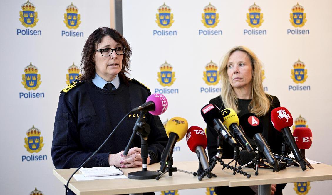 Petra Stenkula, polismästare i Malmö, och Annelie Schwartz, utbildningsdirektör, vid en pressträff efter dådet, där två kvinnor dödades på Malmö Latinskola. Foto: Johan Nilsson/TT
