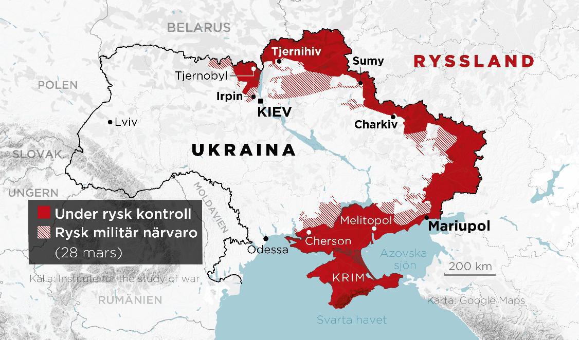 Områden under rysk kontroll samt områden med rysk militär närvaro, 24 februari–28 mars. Foto: Anders Humlebo