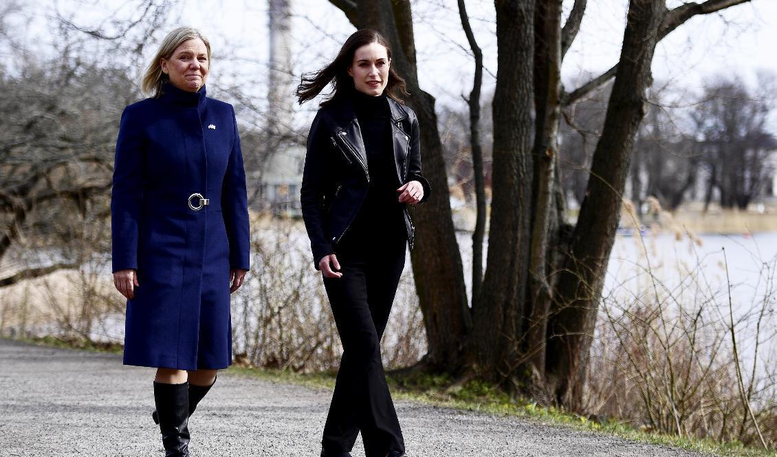 Statsminister Magdalena Andersson och Finlands statsminister Sanna Marin deltar den 3 maj i ett möte med den tyska regeringen i Berlin. Bilden är från Marins besök i Stockholm nyligen. Foto: Paul Wennerholm/TT