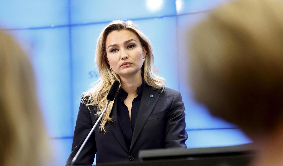 Kristdemokraternas partiledare Ebba Busch vid presentationen av partiets vårbudgetmotion i tisdags. Foto: Stefan Jerrevång/TT