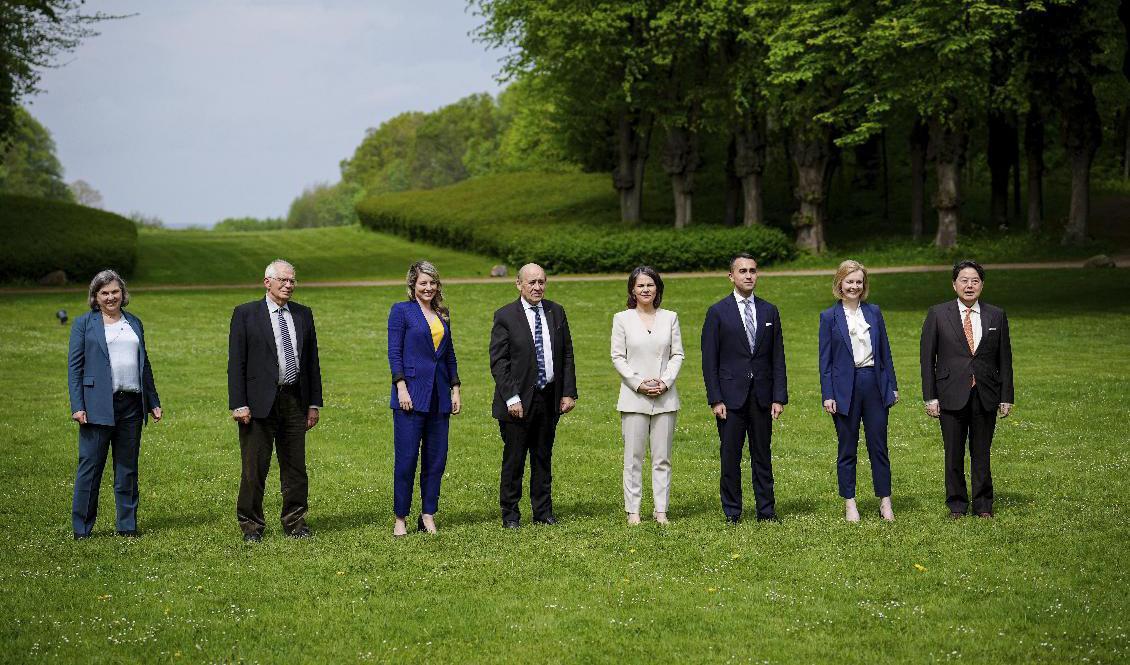 Representanter för G7-länderna, tillsammans med Ukrainas utrikesminister och EU:s utrikeschef, på bild från i fredags. Foto: Kay Nietfeld/AP/TT