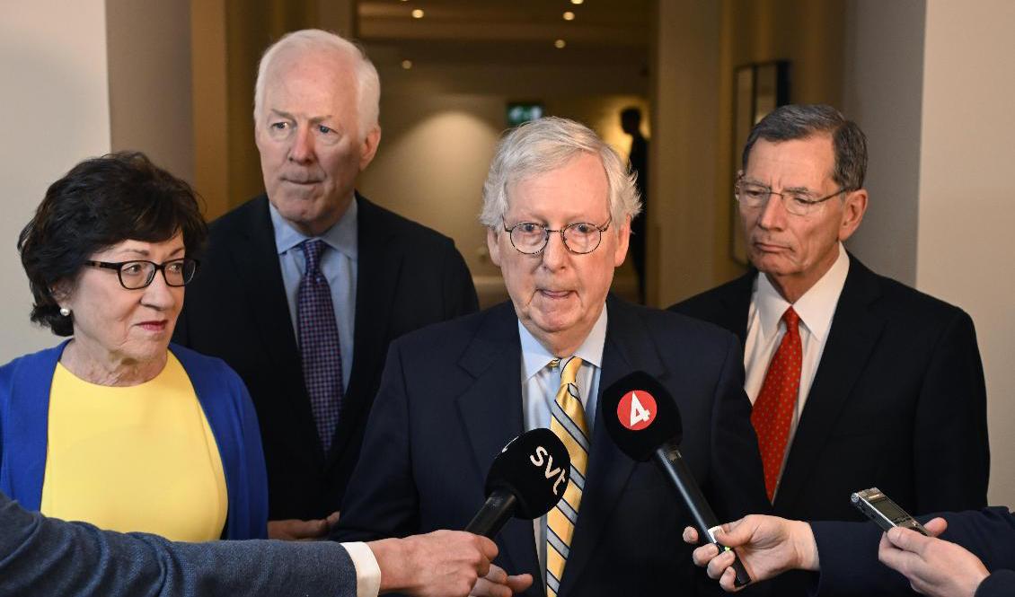Amerikanska senatorerna Susan Collins, John Cornyn, Mitch McConnell och John Barrasso mötte svenska medier på Grand Hôtel i Stockholm efter att ha träffat statsminister Magdalena Andersson och försvarsminister Peter Hultqvist. Foto: Anders Wiklund/TT