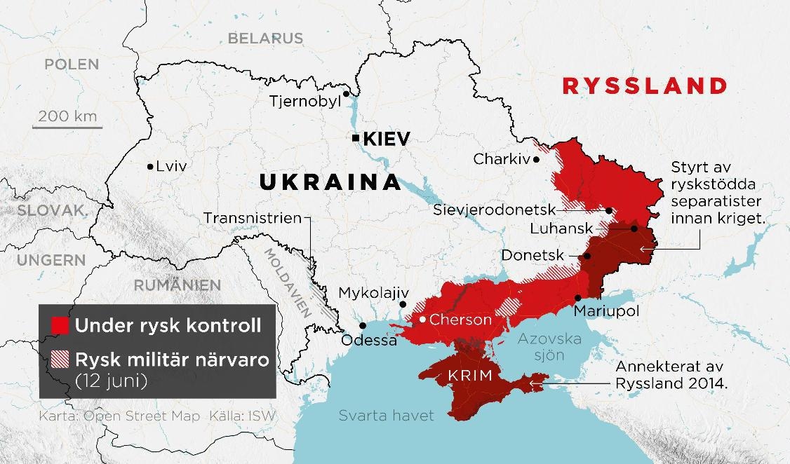 Områden under rysk kontroll samt områden med rysk militär närvaro den 12 juni. Foto: Anders Humlebo/TT