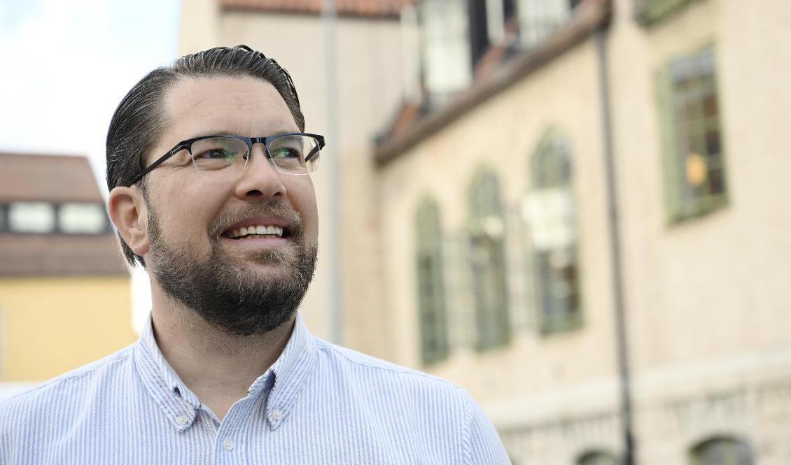 Sverigedemokraternas partiledare Jimmie Åkesson (SD) anklagar Magdalena Andersson (S) för att ha förstört Sverige avsiktligt. Foto: Henrik Montgomery/TT