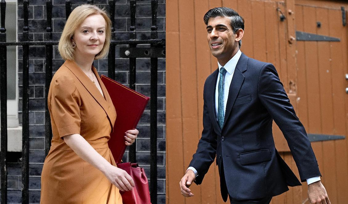 Montage av Torypolitikerna Liz Truss och Rishi Sunak som nu strider om partiledarposten i Foto: Konservativa partiet. AP/TT