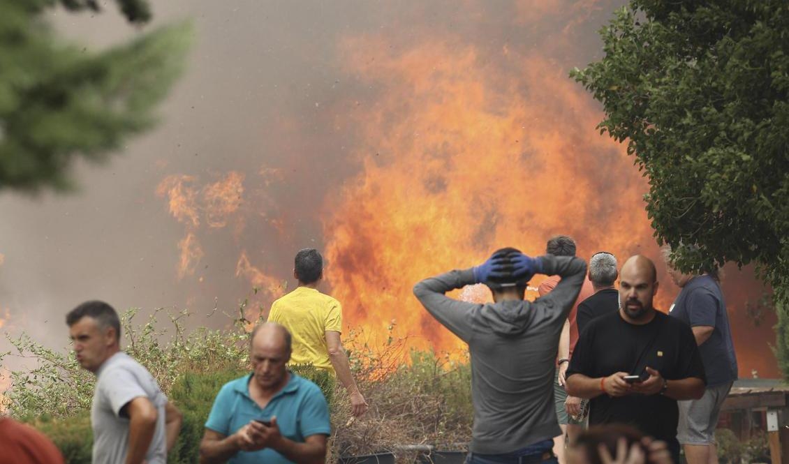 Invånare i byn Añon de Moncayo tittar på lågorna som hotar deras by. Foto: Fabian Simon/AP/TT
