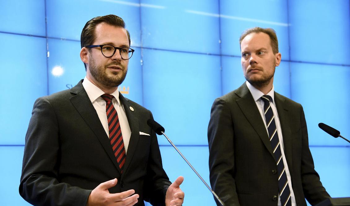 Sverigedemokraternas energipolitisk talesperson Mattias Bäckström Johansson och miljöpolitisk talesperson Martin Kinnunen presenterar energi- och klimatpolitiska nyheter vid en pressträff i riksdagens presscenter. Foto: Marko Säävälä/TT
