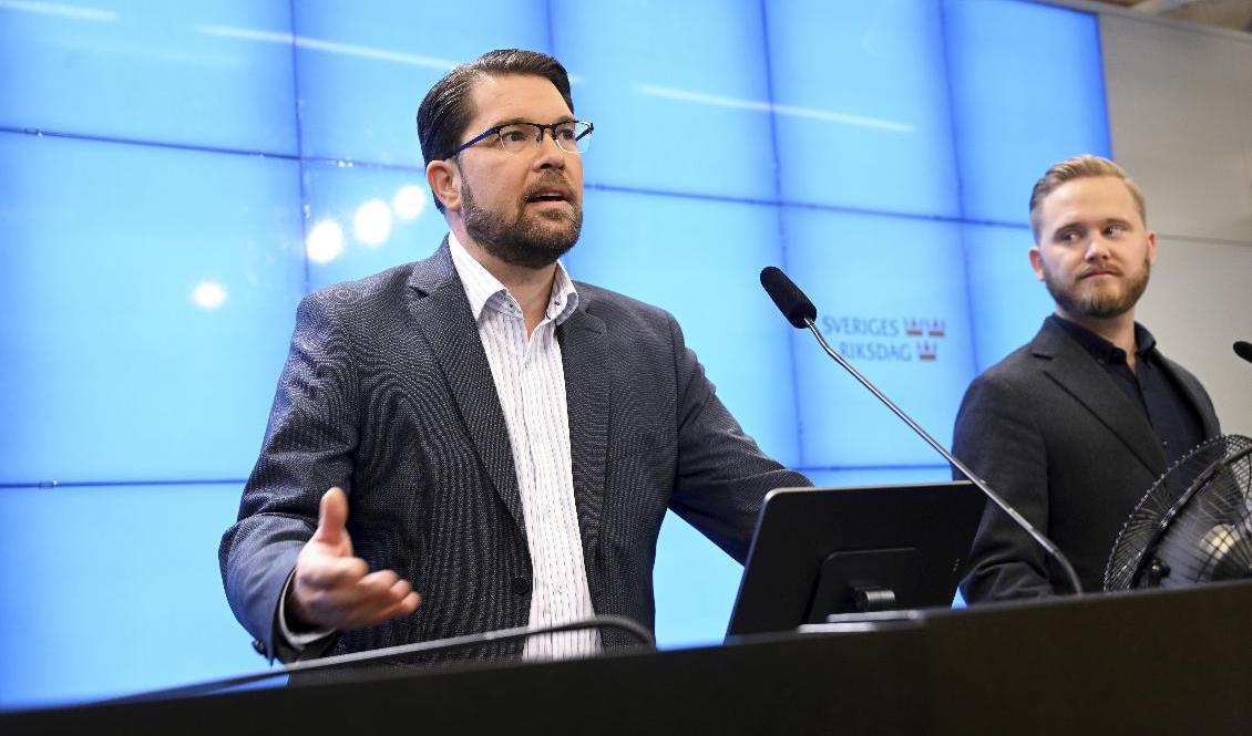 Sverigedemokraternas partiledare Jimmie Åkesson och gruppledaren Henrik Vinge presenterar krav inför regeringsförhandlingar. Foto: Fredrik Sandberg/TT