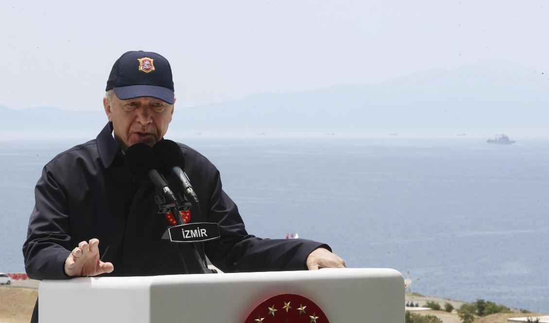 Efter en turkisk militärövning i det Egeiska havet i juni i år riktade landets president Recep Tayyip Erdogan en stark uppmaning till Grekland om att avmilitarisera öarna nära Turkiet. Arkivbild. Foto: Turkish Presidency/AP/TT