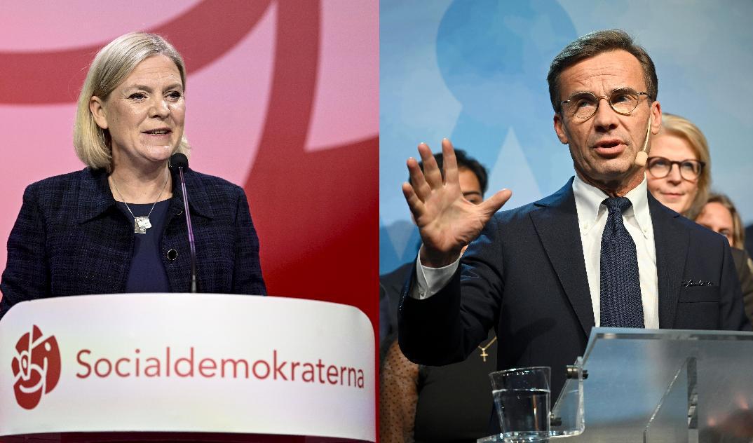 Partiledarna Magdalena Andersson (S) och Ulf Kristersson (M) under talen efter valkvällen. Arkivbild. Foto: TT