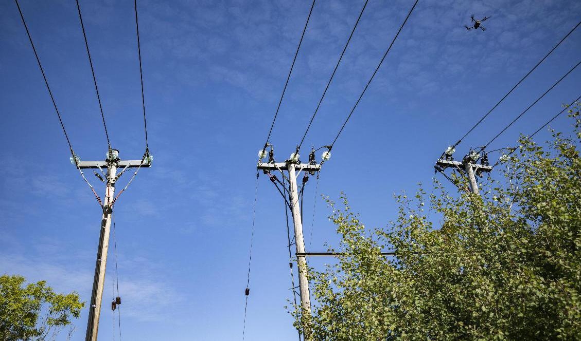 Drönare inspekterar kraftledningar utanför Skurup i Skåne. Elpriset är en tung utgiftspost för såväl hushåll som företag. Foto: Johan Nilsson/TT