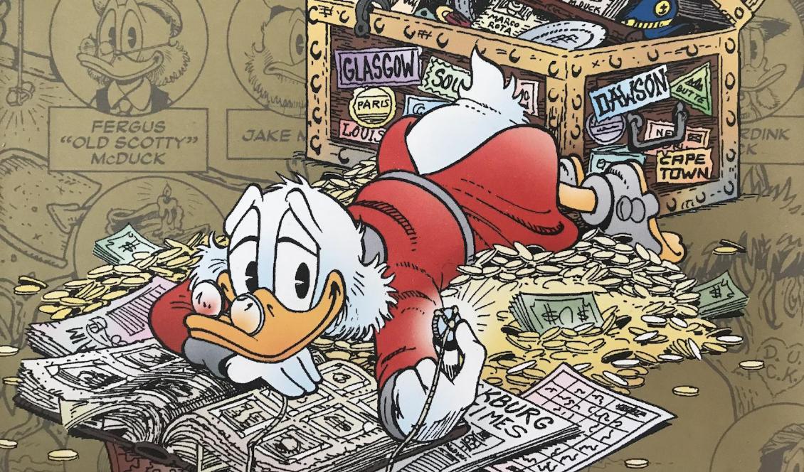 Joakim von Anka tänker tillbaka på sitt liv. Teckning av Don Rosa till en amerikansk utgåva från 2010 av seriesviten Farbror Joakims liv.