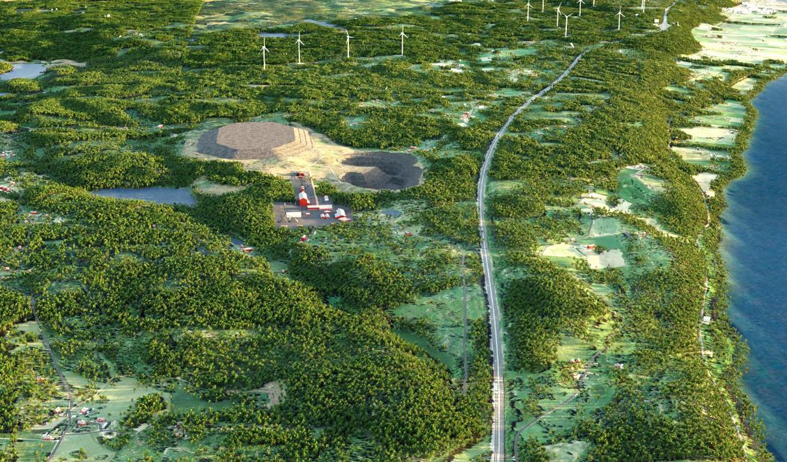 Den preliminära modellen visar gruvprojektet i Norra Kärr norrifrån med dagbrott och avfallsdeponi. Till höger syns E4:an och Vättern. Bild: Greenna Mineral AB