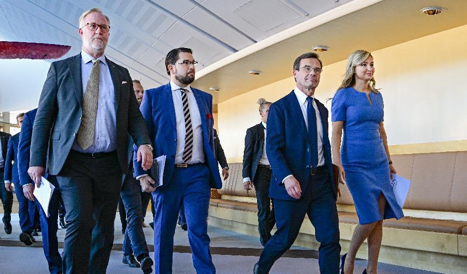 Tre partier i regeringen, men fyra nöjda partiledare då Sverigedemokraterna som samarbetsparti fått igenom flera flera frågor i samarbetsavtalet. Foto: Jonas Ekströmer/TT