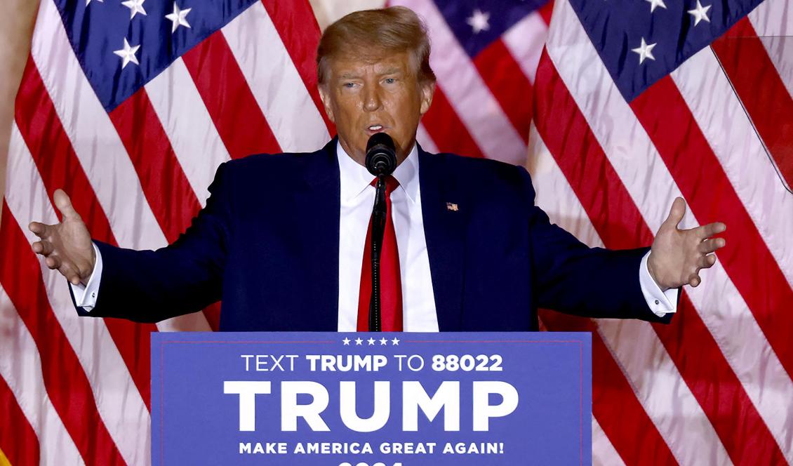 USA:s tidigare president Donald Trump håller ett tal den 15 november 2022 och meddelar att han kandiderar till det amerikanska presidentvalet 2024. Foto: Alon Skuy/AFP via Getty Images