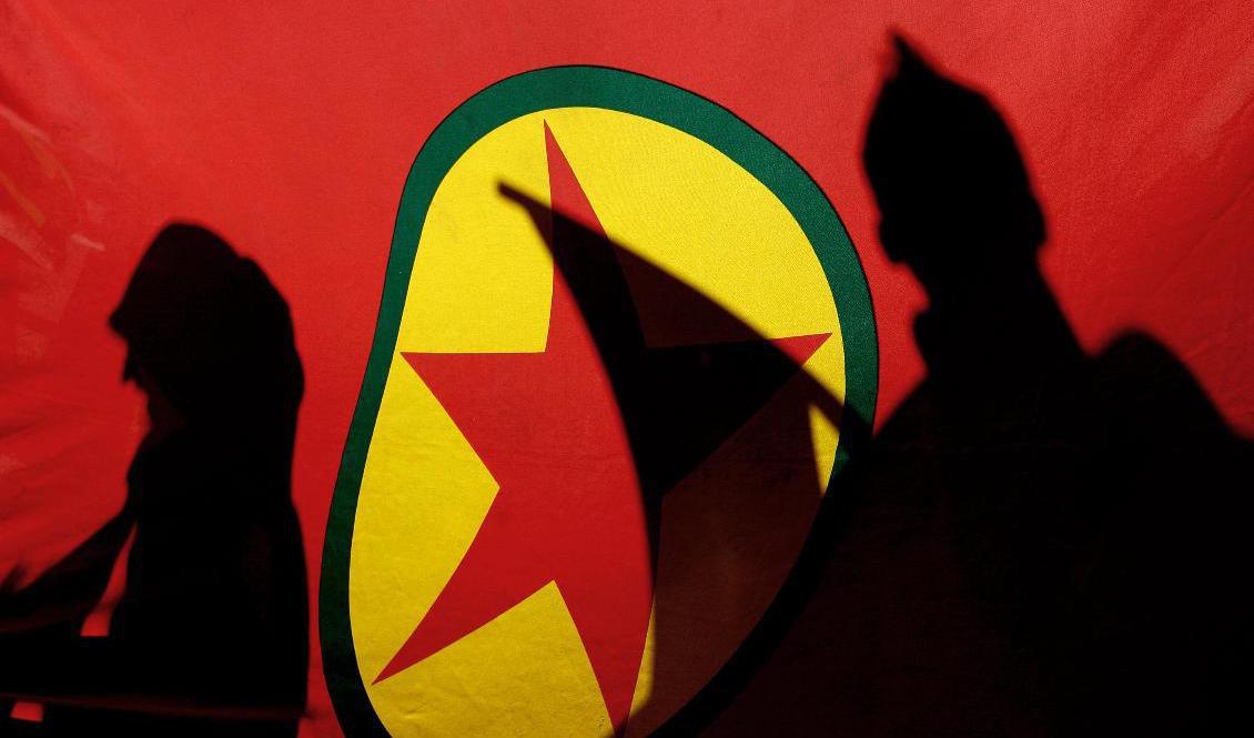 Två vänsterpartister poserade med PKK:s flagga i Malmös fullmäktigesal. Arkivbild. Foto: Petros Karadjias/AP/TT