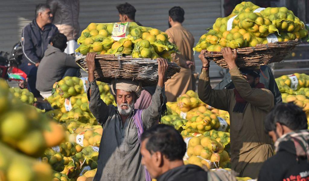 På huvudet bär arbetare tunga korgar med apelsiner på en fruktmarknad i Lahore, Pakistan, den 22 november 2022. Foto: Arif Ali/AFP via Getty Images