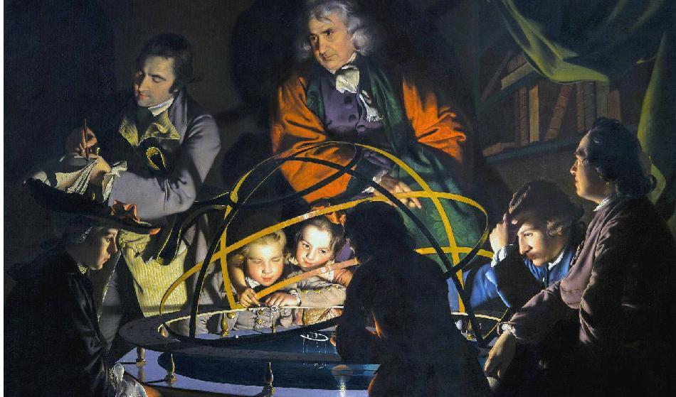 En filosof föreläser om planetariet i vilket en en lampa har placerats på solens plats. Av Joseph Wright från Derby, cirka 1766. Derby Museum and Art Gallery, Derby, England. Foto: Public Domain